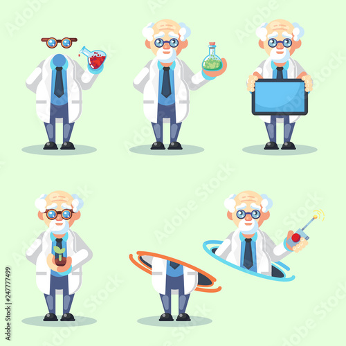 Set of Crazy old scientist is conducting a scientific experiment teleporting Growing plants Invisible messege text board flask. Funny game character. Flat cartoon vector illustration.