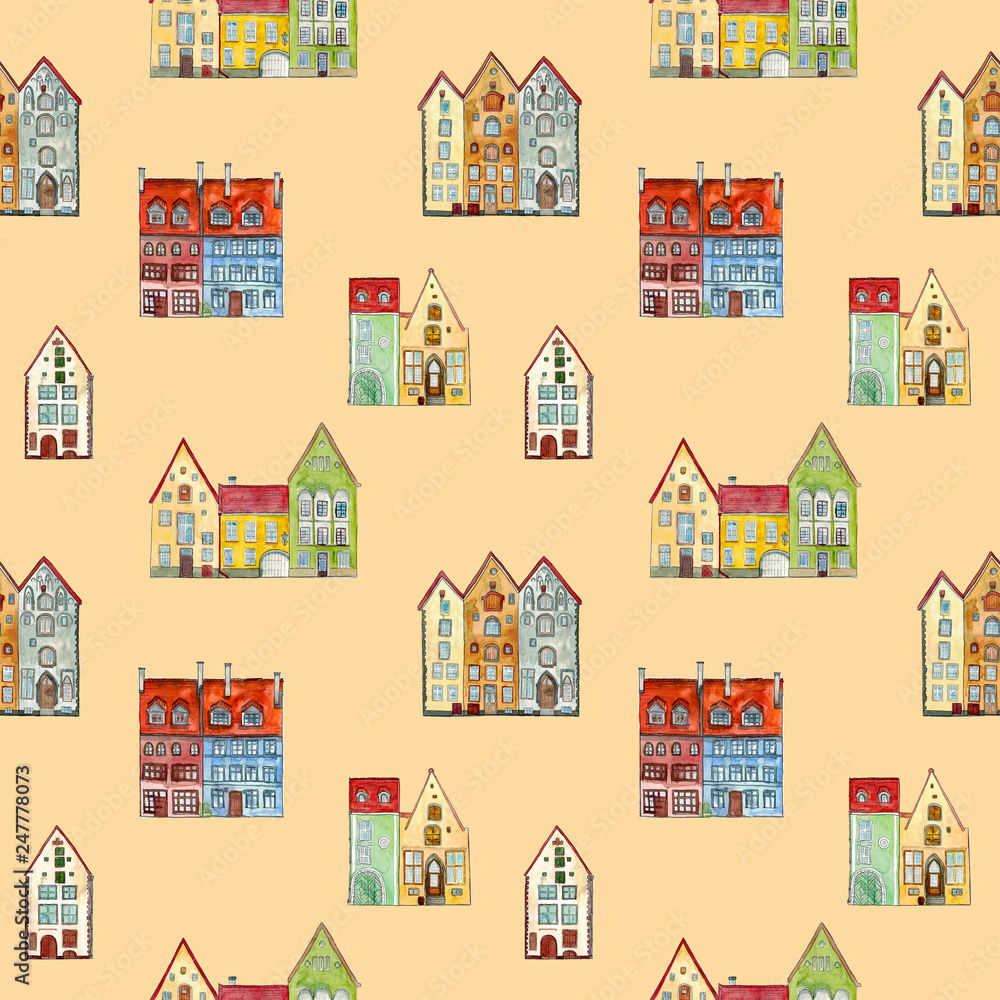 Seamless pattern of watercolor hand drawn old medieval houses, european old town street vew. Design for wallpaper, backgrounds, pacaging. 