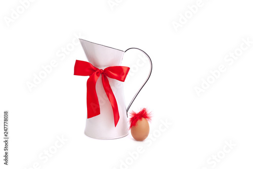 Red white background pitcher carafe milk jug gift Valentine's day bow ribbon knot chicken egg feathers isoiated hair one © NataliAlba