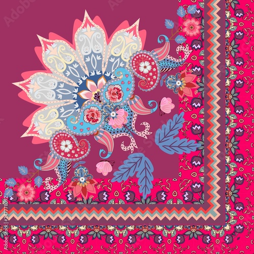 Quarter of shawl or carpet in ethnic style. Half of mandala, paisley ornament and decorative border with tulips flowers in vector.