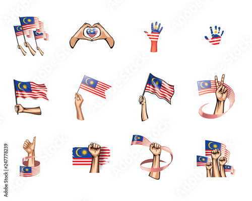 Malaysia flag and hand on white background. Vector illustration © butenkow