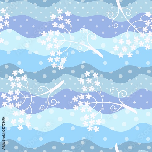Winter seamless pattern with snow-covered umbrella flowers on a background of blue snowdrifts in vector. Print for fabric, wallpaper, wrapping design. Christmas ornament.