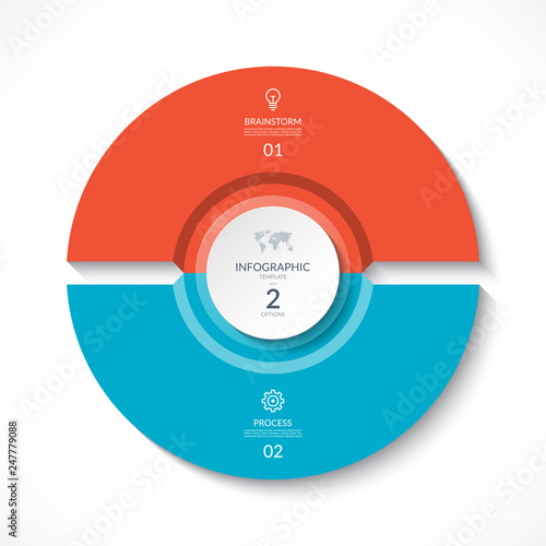 Vector infographic circle. Cycle diagram with 2 stages. Round chart that can be used for report, business analytics, data visualization and presentation.