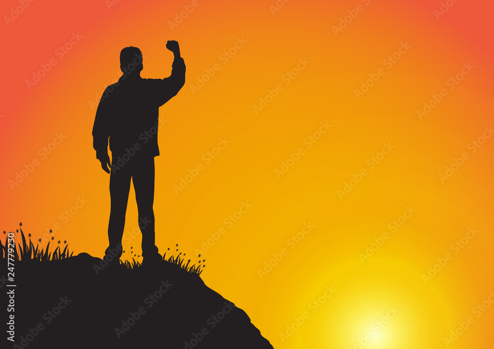 Silhouette of young man standing on the cliff with fist raised up on golden sunrise background, successful, achievement and winning concept vector illustration