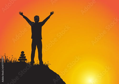 Silhouette of young man with arms up with cheerful on golden sunrise background, successful life concept vector illustration
