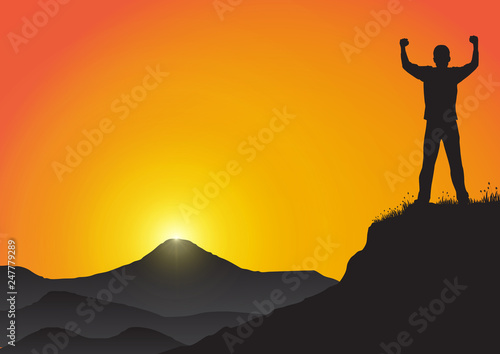 Silhouette of young man standing on the cliff with fists raised up on golden sunrise background, successful, achievement and winning concept vector illustration