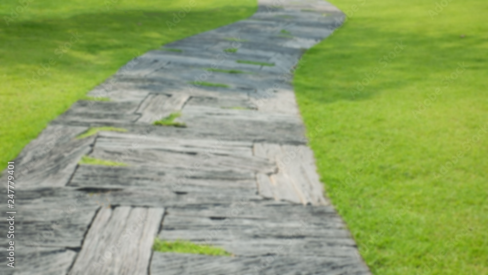 Blurred green lawns and artificial wood pathways in garden have flowers and trees growing Blurred green lawns and artificial wood pathways in garden have flowers and trees growing