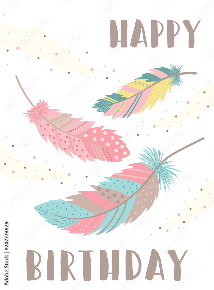 Vector image of bright feathers in boho style with beads. Inscription Happy Birthday. Hand-drawn illustration by national American motifs for baby, cards, flyers, posters, prints, holiday, child