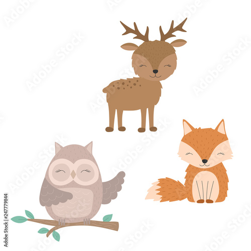 Ð¡ollection of hand-drawn cute forest animals. Illustration of a fox, owl, deer. Vector for baby shower, cards, flyers, posters, prints, holiday, clothes, textile, decor, toys, banner, nursery
