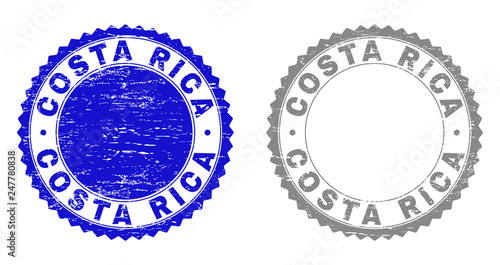Grunge COSTA RICA stamp seals isolated on a white background. Rosette seals with grunge texture in blue and grey colors. Vector rubber stamp imitation of COSTA RICA label inside round rosette.