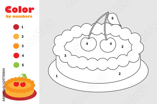 Pie in cartoon style, color by number, education paper game for the development of children, coloring page, kids preschool activity, printable worksheet, vector illustration