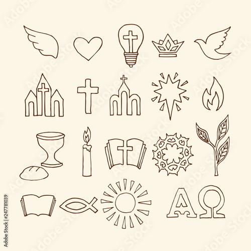 Christian symbols and icons drawn by hand. Biblical vector illustration.