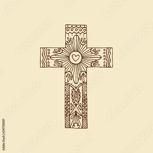 Cross of the Lord and Savior Jesus Christ hand-drawn. Doodle and design elements inside. Christian and biblical symbols.