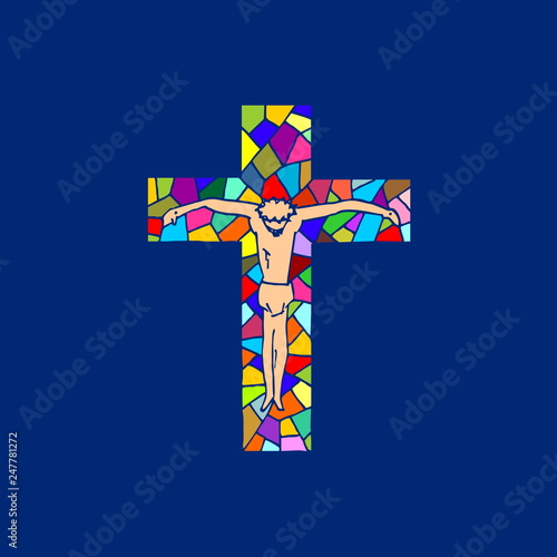 Lord Jesus on the cross. Cross drawn by hand. Mosaic style. Christian and biblical symbols.