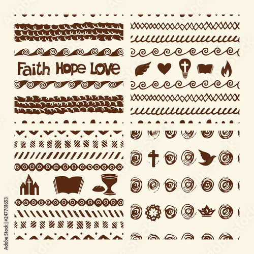 Vector set of hand drawn christian seamless pattern made with ink. Freehand textures for fabric, polygraphy, web design.