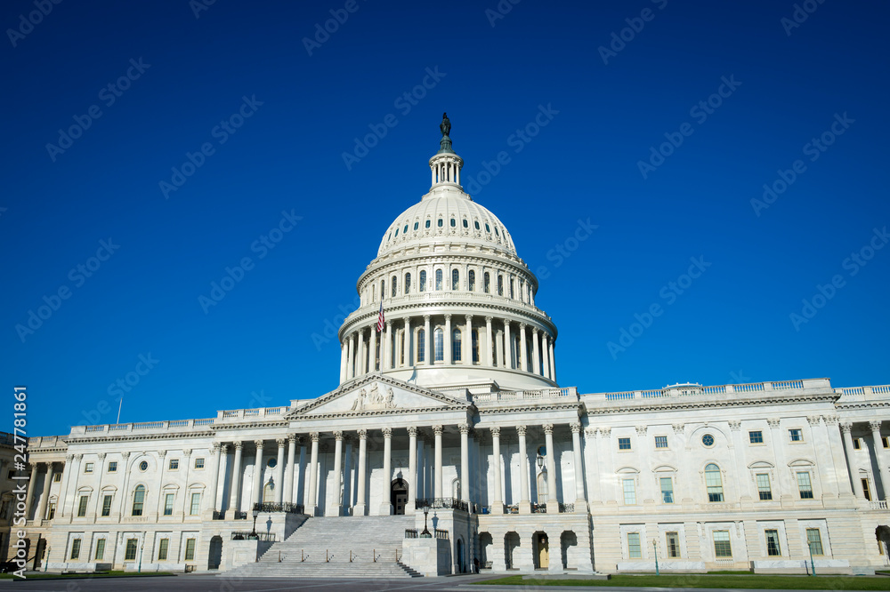 Bright morning view of the traditional neoclassical architecture of the Capitol Building’s dome, columns, and steps in Washington DC, USA Bright morning view of the traditional neoclassical architecture of the Capitol Building’s dome, columns, and steps in Washington DC, USA