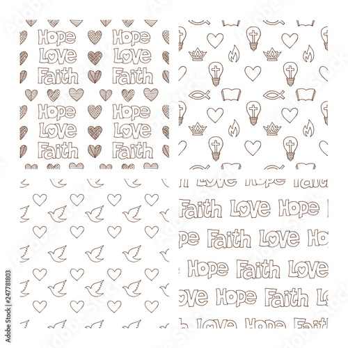 Vector set of hand drawn christian seamless pattern made with ink. Freehand textures for fabric, polygraphy, web design.