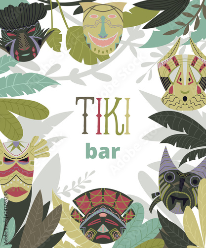 Tiki bar design template with tribal masks and jungle leaves. Design elements with African ethnic geometric ornament. Vector illustration