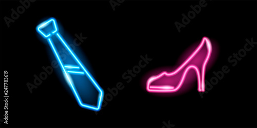 Neon glowing icons of pink highheel shoe and blue tie isolated on black background. Man and woman symbols. Signboards for restrooms. Dresscode concept. Vector 10 EPS illustration