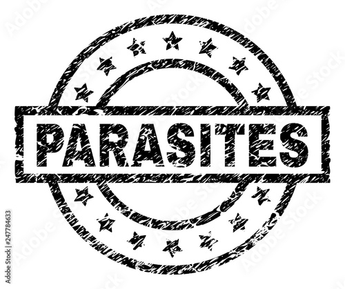 PARASITES stamp seal watermark with distress style. Designed with rectangle, circles and stars. Black vector rubber print of PARASITES title with grunge texture.