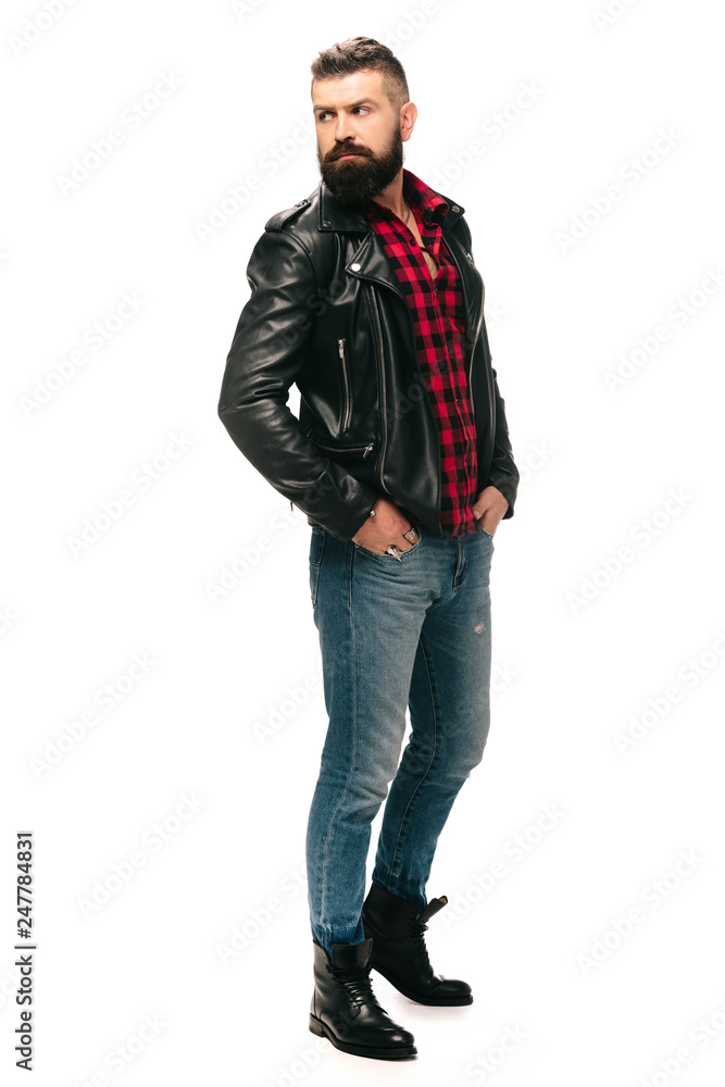 bearded man posing in black leather jacket isolated on white bearded man posing in black leather jacket isolated on white
