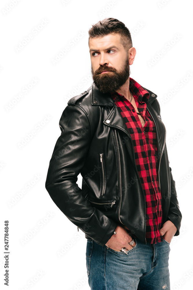 bearded man in black leather jacket isolated on white bearded man in black leather jacket isolated on white