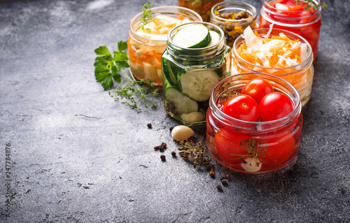 Fermented food. Preserved vegetables in jars