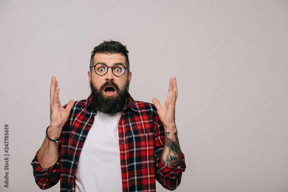 shocked bearded man in checkered shirt gesturing isolated on grey shocked bearded man in checkered shirt gesturing isolated on grey