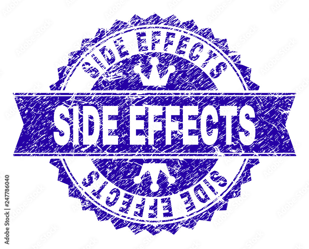 SIDE EFFECTS rosette stamp watermark with grunge style. Designed with round rosette, ribbon and small crowns. Blue vector rubber watermark of SIDE EFFECTS title with grunge style. SIDE EFFECTS rosette stamp watermark with grunge style. Designed with round rosette, ribbon and small crowns. Blue vector rubber watermark of SIDE EFFECTS title with grunge style.