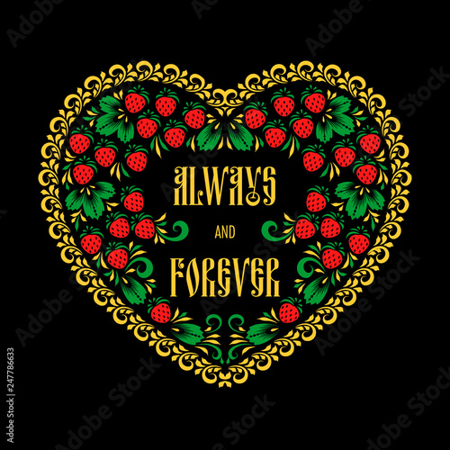Heart-shaped frame in russian traditional style khokhloma painting. Design element for Valentines Day card