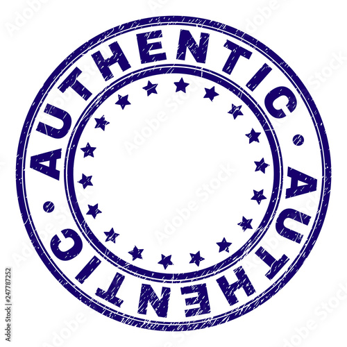 AUTHENTIC stamp seal watermark with grunge texture. Designed with circles and stars. Blue vector rubber print of AUTHENTIC caption with dust texture.
