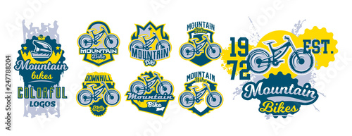 Mountain bike emblem set. Sport bike logo. Sport bicycle, downhill, mtb, bmx, race, extreme. Colorful collection, vector illustration