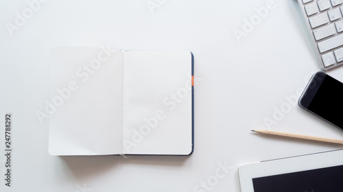 workspace desk with notebook copy space background  white