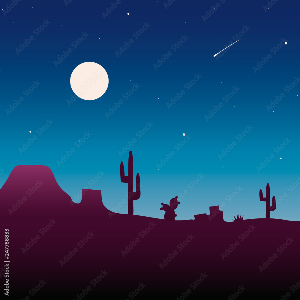 Desert landscape under the night sky vector illustration. Night desert area with silhouettes of stones, cacti, plants and mountains. Desert landscape under the night sky vector illustration. Night desert area with silhouettes of stones, cacti, plants and mountains.