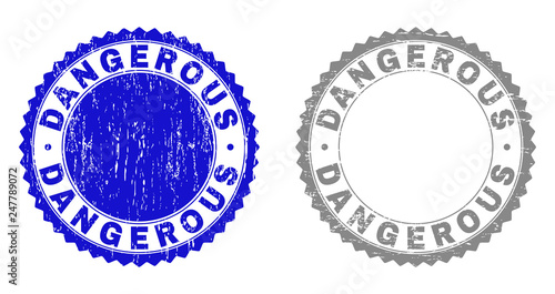 Grunge DANGEROUS stamp seals isolated on a white background. Rosette seals with grunge texture in blue and gray colors. Vector rubber overlay of DANGEROUS label inside round rosette.