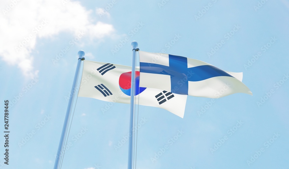 Fototapeta premium South Korea and Finland, two flags waving against blue sky. 3d image