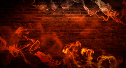 colorful smoke on a black background. Empty background of black brick wall, neon light, smoke.
