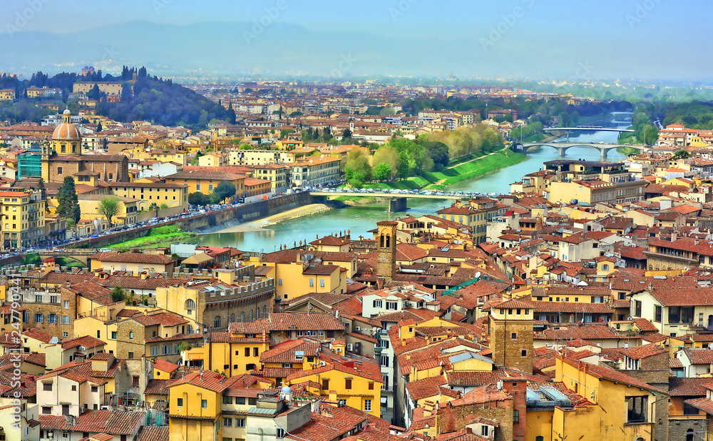 Florence. Italy. Arno River. Bridges. Aerial view. Italian architecture. Panoramic skyline. Urban landscape.