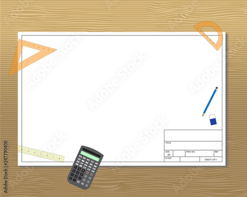 A3 size engineering  template drawing blank paper with border, stationary and calculator on table