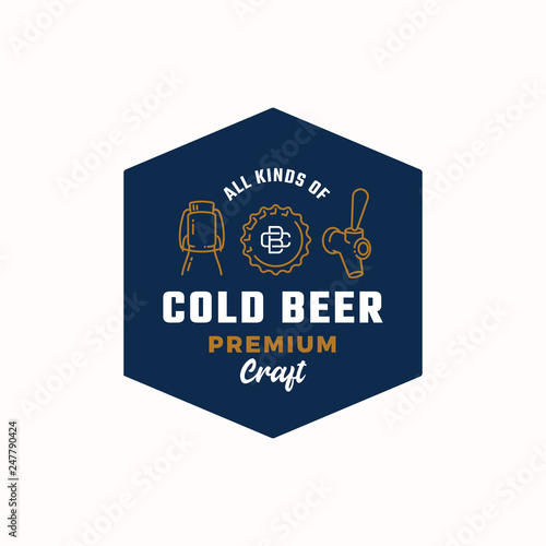 Cold Beer. Abstract Vector Beer Sign, Logo or Badge Template. Growler Bottle, Cap and Beer Tap Icons with Vintage Monogram and Retro Typography.