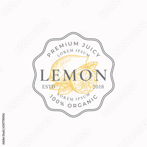 Lemon Badge or Logo Template. Hand Drawn Lemons with Leaves Sketch with Retro Typography and Borders. Vintage Premium Emblem.