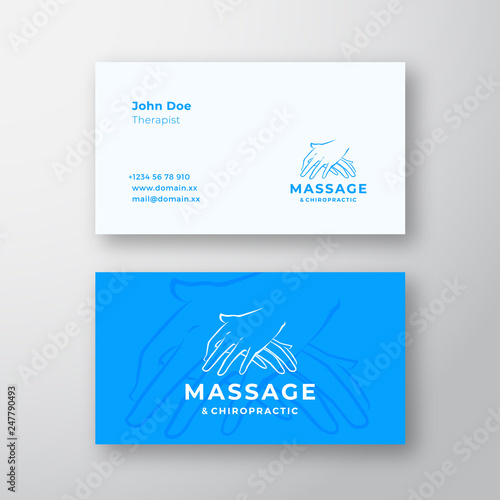 Massage and Chiropractic Abstract Vector Logo and Business Card Template. Massaging Hands Premium Stationary Realistic Mock Up.