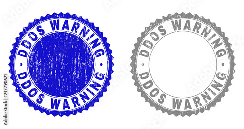 Grunge DDOS WARNING stamp seals isolated on a white background. Rosette seals with distress texture in blue and grey colors. Vector rubber stamp imprint of DDOS WARNING title inside round rosette.