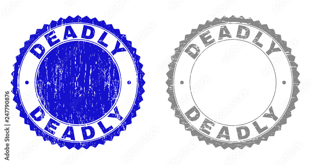 Grunge DEADLY stamp seals isolated on a white background. Rosette seals with grunge texture in blue and gray colors. Vector rubber overlay of DEADLY title inside round rosette.