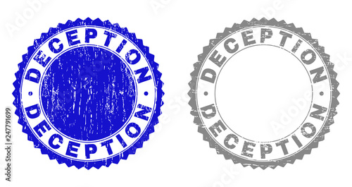 Grunge DECEPTION stamp seals isolated on a white background. Rosette seals with distress texture in blue and gray colors. Vector rubber stamp imitation of DECEPTION label inside round rosette.