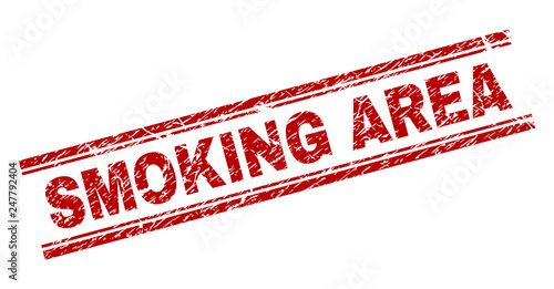 SMOKING AREA seal stamp with distress texture. Red vector rubber print of SMOKING AREA text with dirty texture. Text caption is placed between double parallel lines.
