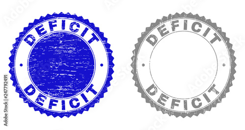 Grunge DEFICIT stamp seals isolated on a white background. Rosette seals with grunge texture in blue and grey colors. Vector rubber stamp imprint of DEFICIT tag inside round rosette.