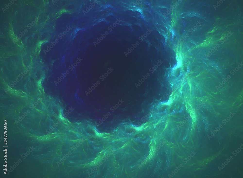 glowing green curved lines in shape of black hole over dark Abstract Background space universe. Illustration