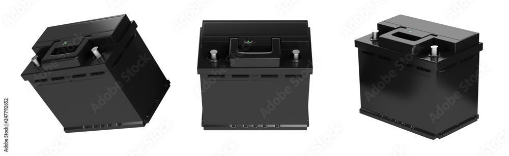 Obraz premium 3D rendering. Car battery on white background. Acid battery for start auto. 12v battery