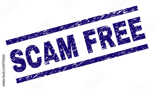 SCAM FREE seal print with grunge style. Blue vector rubber print of SCAM FREE title with grunge texture. Text label is placed between parallel lines.